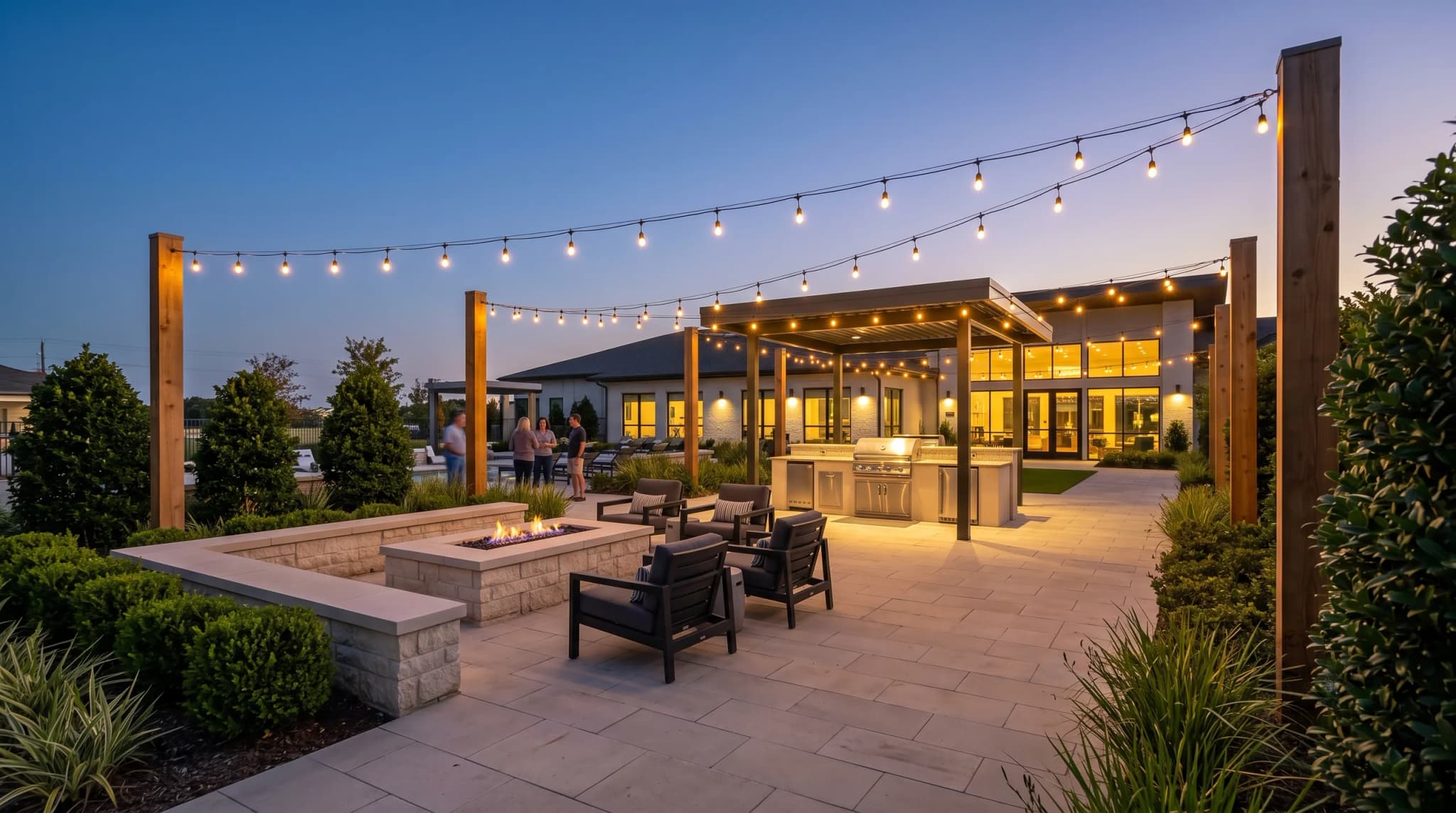 A community clubhouse patio beside the pool