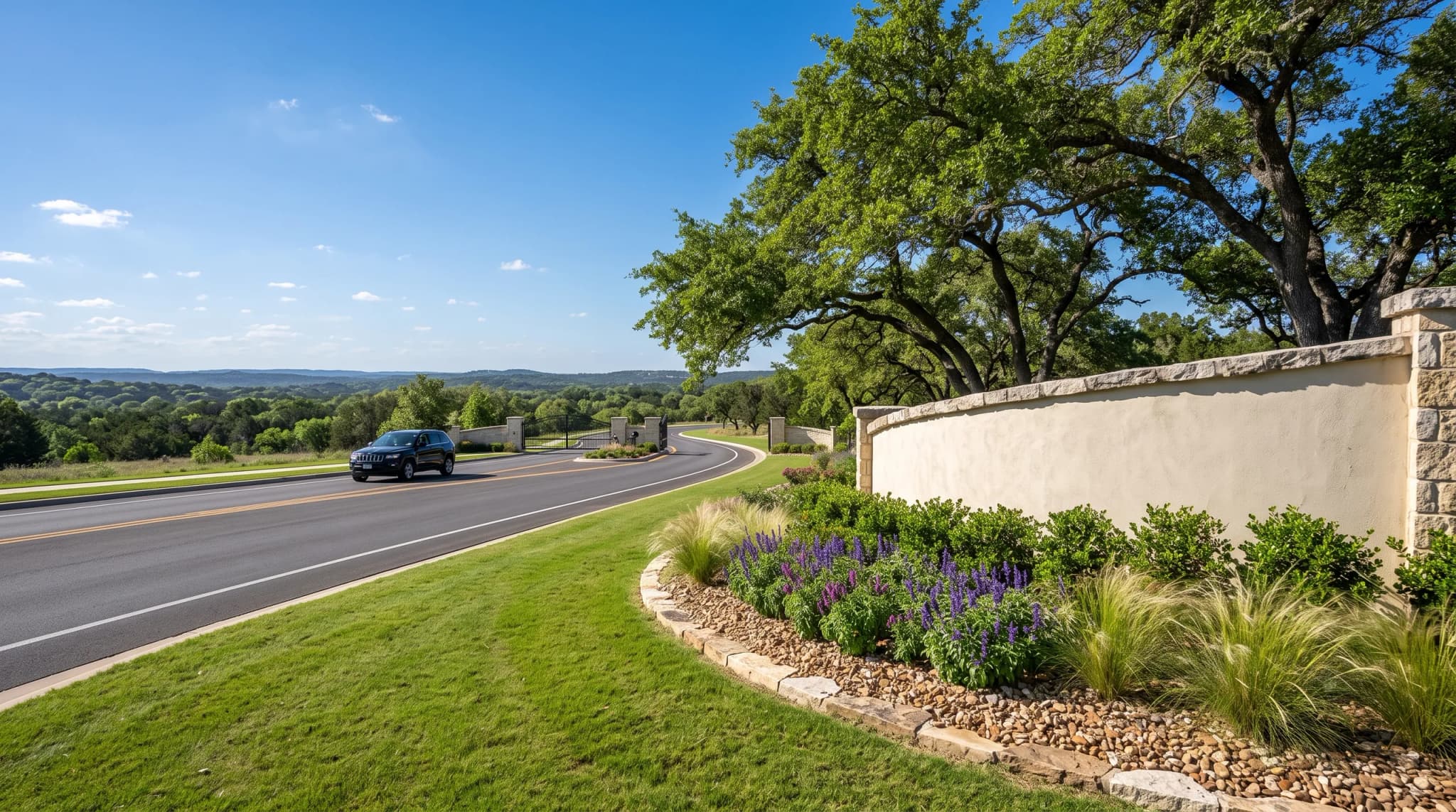 A landscaped community entrance monument sign