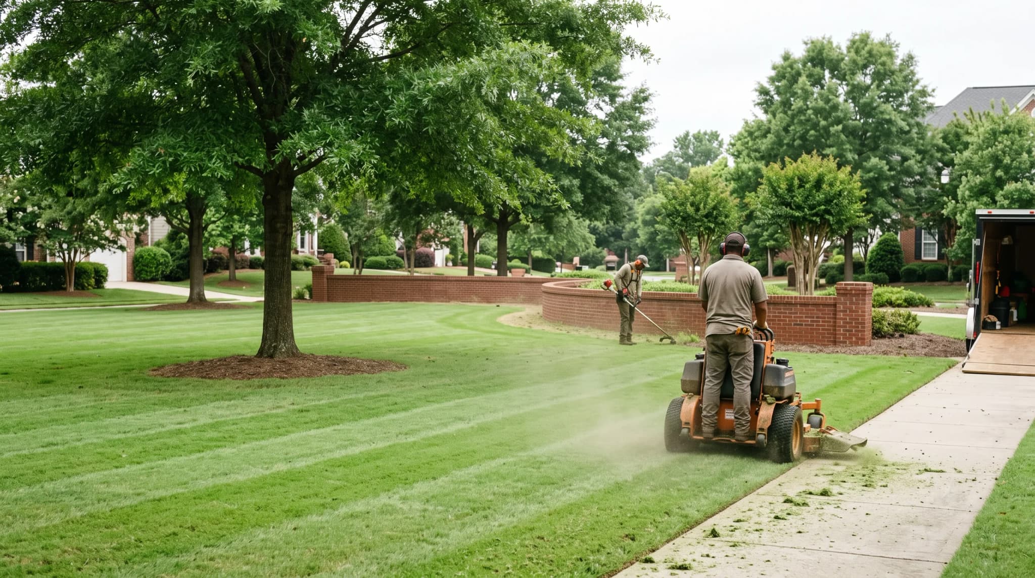 A grounds crew edging a lawn along a community walkway