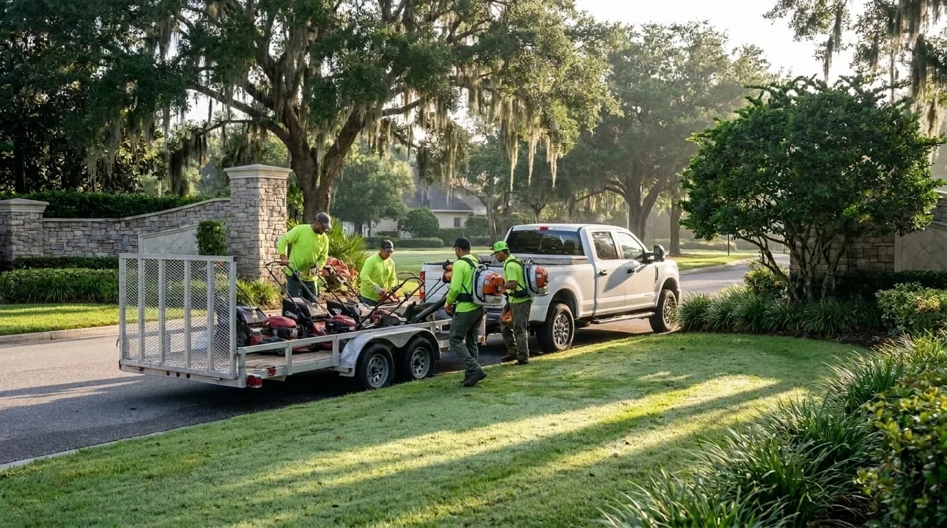 A landscaping crew loading a trailer in the early morning