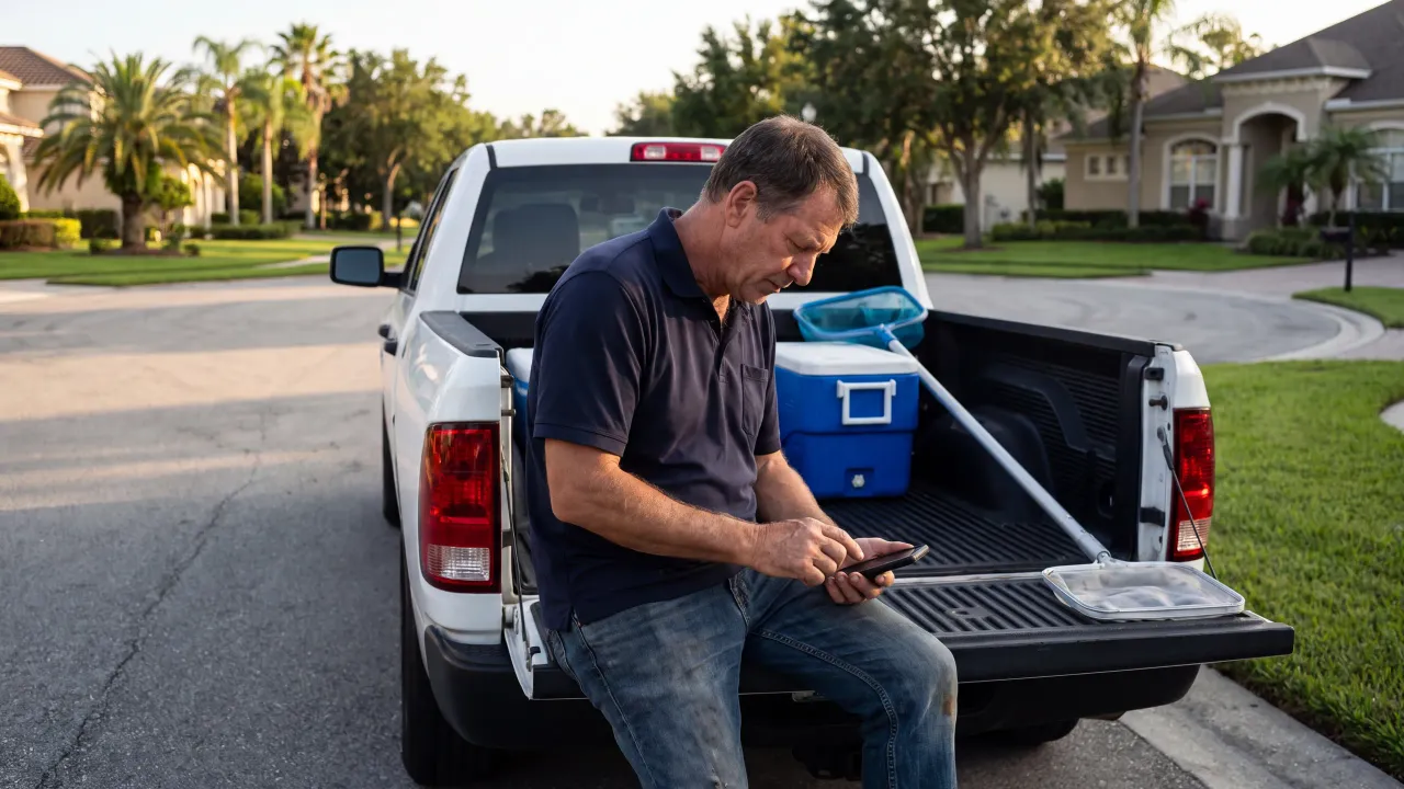A pool service owner in a navy polo sits on the open tailgate of his truck at the end of the day and fills in an application on his phone